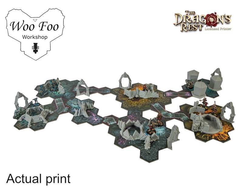 May include: A modular tabletop gaming terrain set with hexagonal tiles and miniature figures. The set features gray structures and colorful, detailed tile patterns. The text "Actual print" is visible at the bottom of the image.