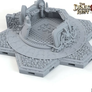 May include: A gray 3D printed model of a circular platform with a skull and bones design. The platform is surrounded by a ring of skulls and bones. The text "The Dragon's Rest Licensed Printer" is visible in the upper right corner of the image.