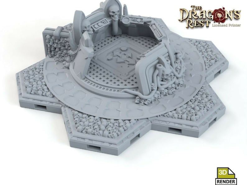 May include: A gray 3D printed model of a circular platform with a skull and bones design. The platform is surrounded by a ring of skulls and bones. The text "The Dragon's Rest Licensed Printer" is visible in the upper right corner of the image.