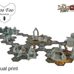 May include: A tabletop gaming terrain set featuring hexagonal tiles and 3D-printed structures. The set includes various gray architectural elements and miniature figures, with the text "Actual print" at the bottom. The logos for "Woo Foo Workshop" and "The Dragon's Rest" are also visible.
