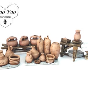 May include: A collection of pottery pieces, including jars, jugs, and bowls, arranged on a wooden table and a pottery wheel. The pottery is all brown and unglazed, with a rustic, handmade look. The table is made of wood and has a simple design. The pottery wheel is made of stone and has a wooden base.