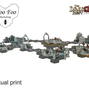 May include: A tabletop gaming terrain set featuring hexagonal tiles and miniature figures. The set includes gray archways, structures, and figures on a dark, textured surface. The text "Woo Foo Workshop" and "The Dragon's Rest" are visible.