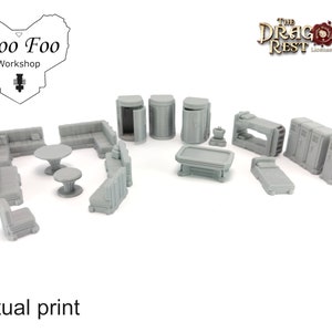 Peut inclure: Un ensemble de meubles miniatures imprimés en 3D, comprenant un canapé, des chaises, des tables et des armoires. Les pièces sont toutes grises et ont un aspect lisse et fini. Les meubles sont conçus pour être utilisés dans des jeux de table ou comme objets décoratifs.