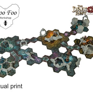 May include: A tabletop gaming terrain set featuring hexagonal tiles and miniature figures. The set includes various structures and pathways, with a color palette of gray, brown, and teal. The text "The Dragon's Rest" and "Actual print" are visible.