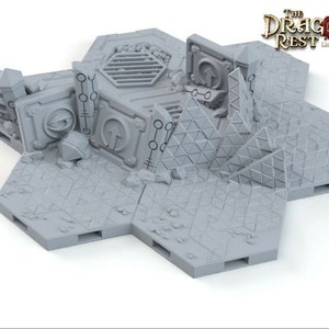 May include: A 3D printed, gray, hexagonal tile set for tabletop gaming. The tiles feature a futuristic, industrial design with broken walls, a grate, and a raised platform. The tiles are designed to be used with The Dragon's Rest, a licensed printer.