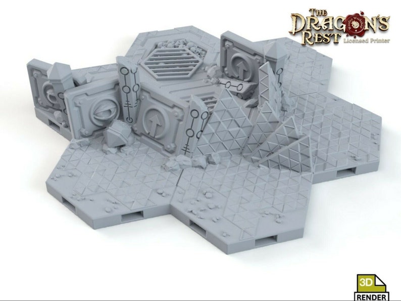 May include: A 3D printed, gray, hexagonal tile set for tabletop gaming. The tiles feature a futuristic, industrial design with broken walls, a grate, and a raised platform. The tiles are designed to be used with The Dragon's Rest, a licensed printer.