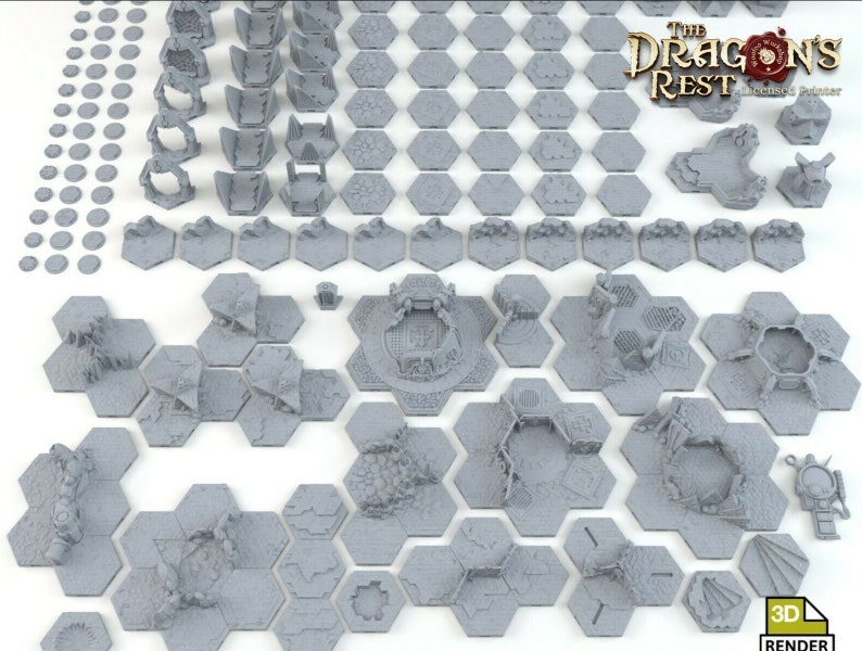 May include: A set of 3D printed dungeon tiles for tabletop role-playing games. The tiles are gray and feature various ruined structures and details. The set includes a variety of shapes and sizes, including squares, hexagons, and circles. The tiles are designed to be used with The Dragon's Rest Licensed Printer.