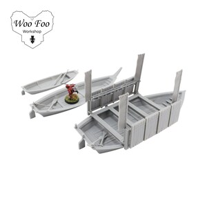 May include: Grey miniature boats, including a larger dock-like structure and two smaller rowboats. One rowboat has a miniature figure. The image includes the "Woo Foo Workshop" logo.