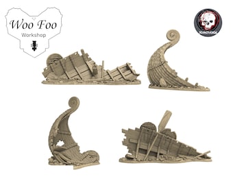May include: Four different views of a broken wooden ship model. The ship is made of wood and has a weathered look. The ship is broken into several pieces and is lying on a sandy surface.