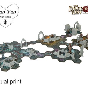 May include: A tabletop gaming terrain set featuring a modular, hexagonal tile design. The set includes various gray miniature structures, archways, and figures, with a detailed, multi-colored base. The text "Actual print" is visible.