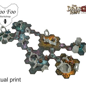 May include: Hexagonal game terrain with a fantasy theme. The modular pieces are gray and feature architectural ruins and detailed textures. The terrain is designed for tabletop gaming, with the text "Actual print" at the bottom and logos for "Woo Foo Workshop" and "The Dragon's Rest".