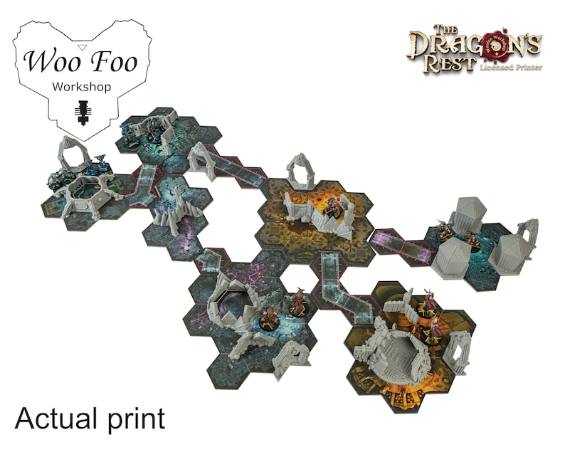 May include: Hexagonal game terrain with a fantasy theme. The modular pieces are gray and feature architectural ruins and detailed textures. The terrain is designed for tabletop gaming, with the text "Actual print" at the bottom and logos for "Woo Foo Workshop" and "The Dragon's Rest".