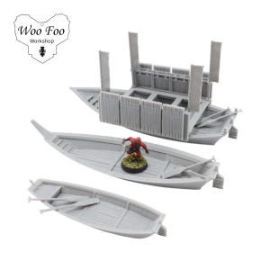 May include: Three grey miniature boats, one with a detailed wooden structure and vertical posts. A small figurine stands in one boat. The boats are arranged on a white background. The logo "Woo Foo Workshop" is in the upper left corner.