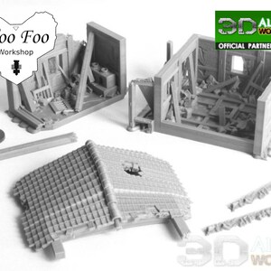 May include: A set of ruined building pieces for tabletop gaming. The set includes a roof, walls, and debris. The pieces are made of gray plastic and are designed to look like a ruined building. The set is labeled "Woo Foo Workshop" and "3D Alien Worlds Official Partner Shop".