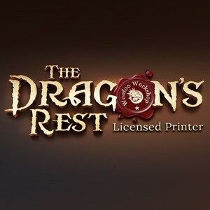 May include: The Dragon's Rest logo features a gold inscription with the words "The Dragon's Rest" and a red wax seal with a dragon and the words "Woo Foo Workshop" in gold. The text "Licensed Printer" appears below the logo.