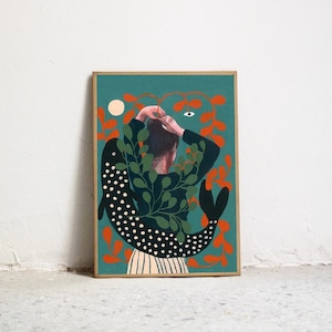 Fish Print. High-quality art print. Illustration of a woman, fish, and plants. - Wall art - Gouache painting of a woman and eye.