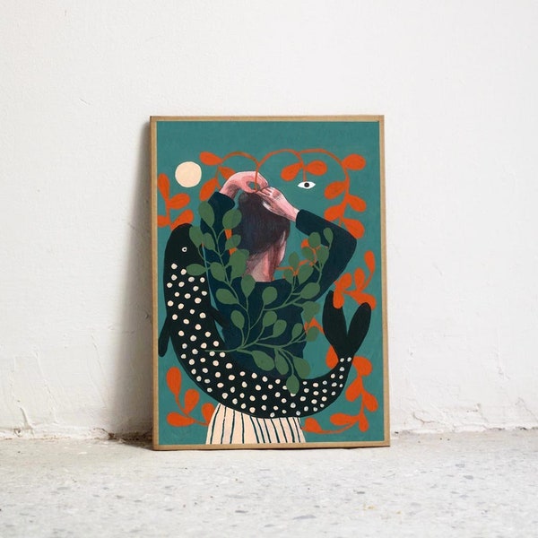 Fish Print. High-quality art print. Illustration of a woman, fish, and plants. - Wall art - Gouache painting of a woman and eye