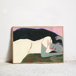 Print Pandora II. Wall art, illustration of a woman in color. High-quality art print. Original gouache painting.