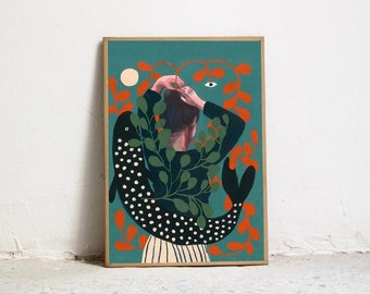 Imprimer du poisson. Impression d'art de haute qualité. Illustration femme, poissons et plantes. - Art pour mur - Peinture gouache femme et oeil-