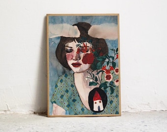 PRINT House VI. High quality art print. Illustration woman and plants. - Art for wall - Watercolor painting woman and flowers