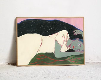 PRINT Pandora II. ART for wall, Illustration of woman on color painting. High quality art print. Original Gouache painting