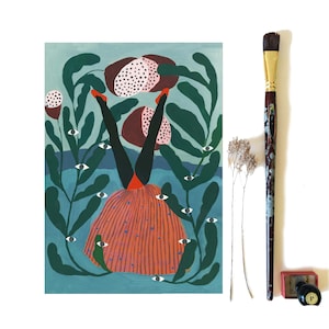May include: A colorful illustration of a person with legs in the air, wearing a red skirt with white and blue stripes, surrounded by green leaves and white and pink flowers with eyes.