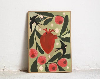 Print SWALLOWS. High quality art printing. Illustration heart, swallows and plants. - Art for wall - heart and swallows