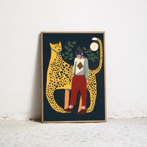Jaguar Print. High-quality art print in various formats. Illustration of a woman and a jaguar - Wall art - Wall decor - Gouache painting -