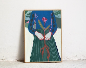 Print Roots II. High-quality art print. Illustration of a woman and plants. - Art for wall - Gouache painting of a woman and an eye