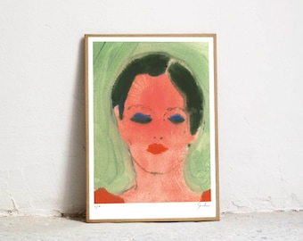 May include: A painting of a person's face with closed eyes. The face is painted in shades of pink and red, with blue eyeshadow. The background is a green watercolor wash.