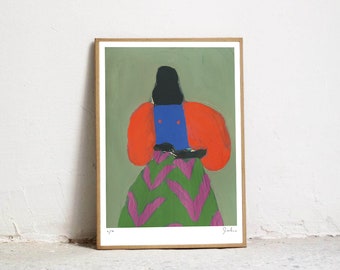 May include: A painting of a person wearing a green, pink, and orange outfit. The person is standing in front of a green background. The painting is signed "Julia".