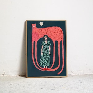 STAMPA D'ARTE Jaguar II. Stampa artistica firmata di alta qualità. Illustrazione di donna e giaguaro, arte animale.-Arte per la casa-Stampa a guazzo.