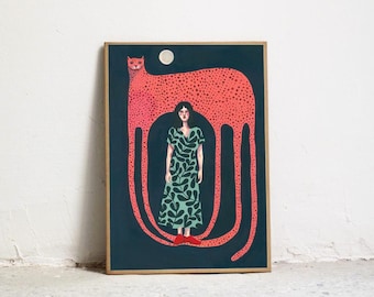ART PRINT Jaguar II. High-quality signed art print. Woman and jaguar illustration, animal art. - Art for home - Gouache print.