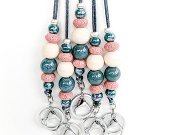 Beaded Lava Stone Diffuser Lanyard with blue marble ceramic beads