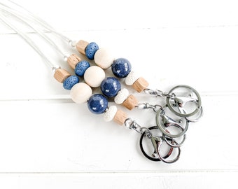Beaded Lava Stone Diffuser Lanyard with blue marble ceramic beads