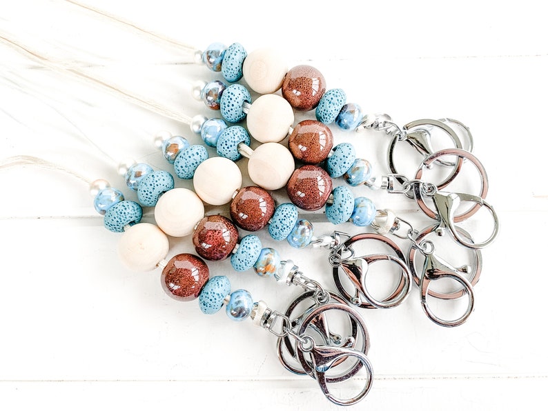 Beaded Lava Stone Diffuser Lanyard with blue marble ceramic beads