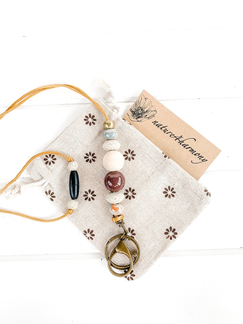 Beaded Lava Stone Diffuser Lanyard with marble /& brown ceramic beads