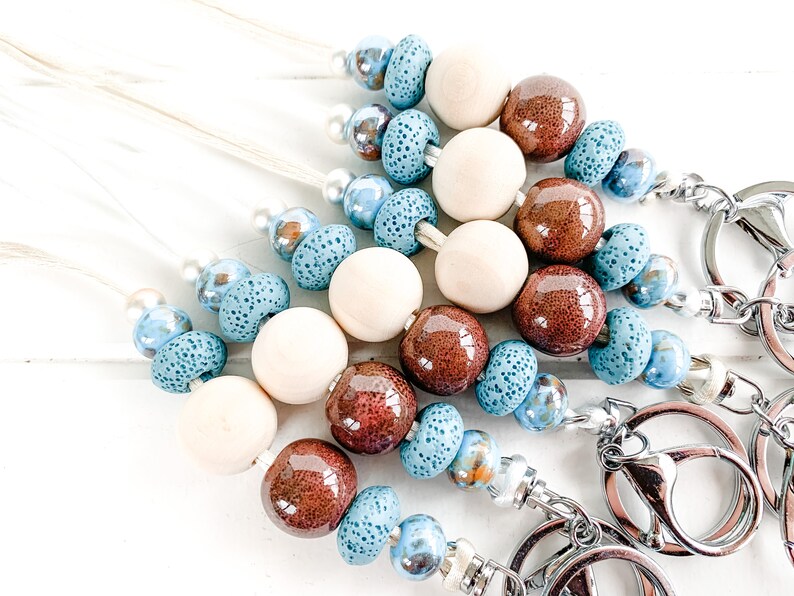 Beaded Lava Stone Diffuser Lanyard with blue marble ceramic beads