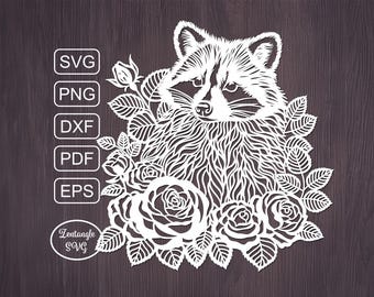 Raccoon Svg papercut, flowers paper cutting, animal laser cut. Digital template for lasercut, paper cut, Cricut/Silhouette/Glowforge files.