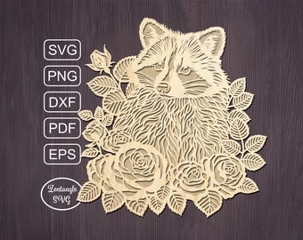 Raccoon Svg papercut, flowers paper cutting, animal laser cut. Digital template for lasercut, paper cut, Cricut/Silhouette/Glowforge files.