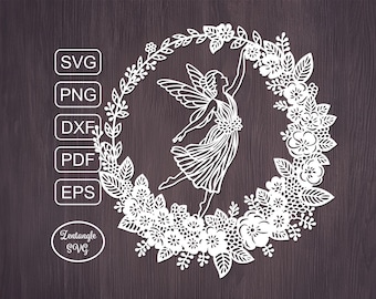 Fairy Svg papercut, flowers frame paper cutting, laser cut. Digital template for lasercut, paper cut, Cricut/Silhouette/Glowforge files.