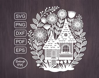 Gnome house Svg papercut, paper cutting, laser cut flowers. Digital template for lasercut, paper cut, Cricut/Silhouette/Glowforge files.