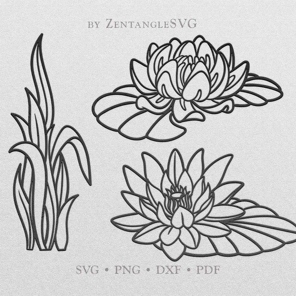 Water Lily Svg. Lotus Flower Svg bundle. Cricut, Silhouette cut file. Svg, Png, Dxf files for printing, vinyl cutting, decal, sticker.