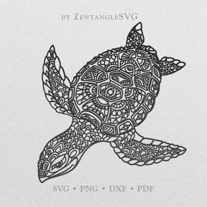 Puede incluir: Ilustración en blanco y negro de línea de arte de una tortuga marina con intrincados patrones en su caparazón y aletas. La tortuga está nadando en una pose estilizada.