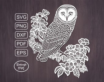 Owl bird Svg papercut, flowers paper cutting, laser cut mandala. Digital template for lasercut, paper cut, Cricut/Silhouette/Glowforge files
