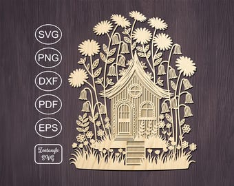 Gnome house Svg papercut, paper cutting, laser cut mandala. Digital template for lasercut, paper cut, Cricut/Silhouette/Glowforge files.