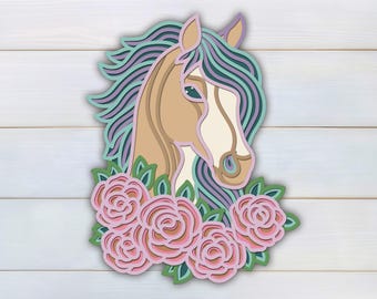 Horse svg papercut, flowers paper cutting, roses laser cut. Digital template for lasercut, paper cut, Cricut/Silhouette/Glowforge files.