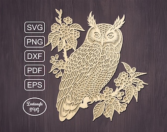 Owl bird Svg papercut, flowers paper cutting, laser cut mandala. Digital template for lasercut, paper cut, Cricut/Silhouette/Glowforge files
