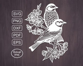 Birds Svg papercut, flowers paper cutting, laser cut mandala. Digital template for lasercut, paper cut, Cricut/Silhouette/Glowforge files.