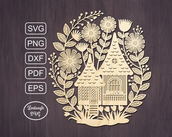 Gnome house Svg papercut, paper cutting, laser cut flowers. Digital template for lasercut, paper cut, Cricut/Silhouette/Glowforge files.